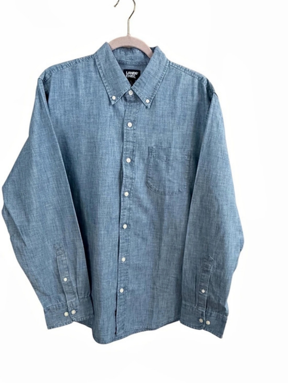 Lands' End Men's Long Sleeve Chambray Shirt - Blue - Size L